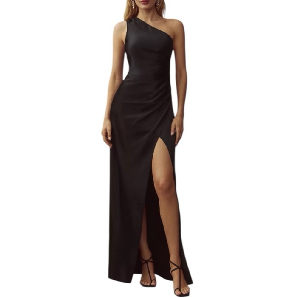 BHLDN Scottie One-Shoulder Side Slit Stretch Satin Maxi Dress Size 0